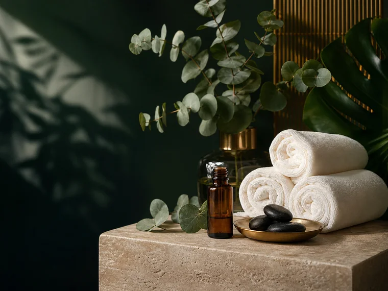 Handuk, minyak esensial, dan batu spa untuk layanan pijat relaksasi